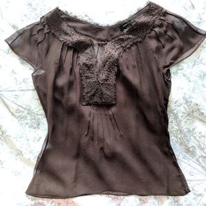 EUC BCBG Brown Silk Top w Lace Beaded Neckline